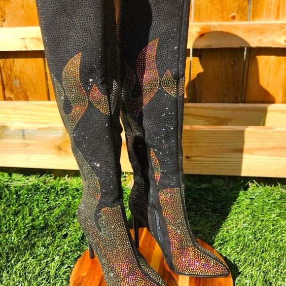 Sexy & Fun Black & Gold Rhinestone Flame Detail Sexy OTK Thigh Boots - Picture 1 of 16